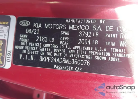 2021 Kia Forte Lxs из США, поврежденный, VIN 3KPF24AD8ME360076